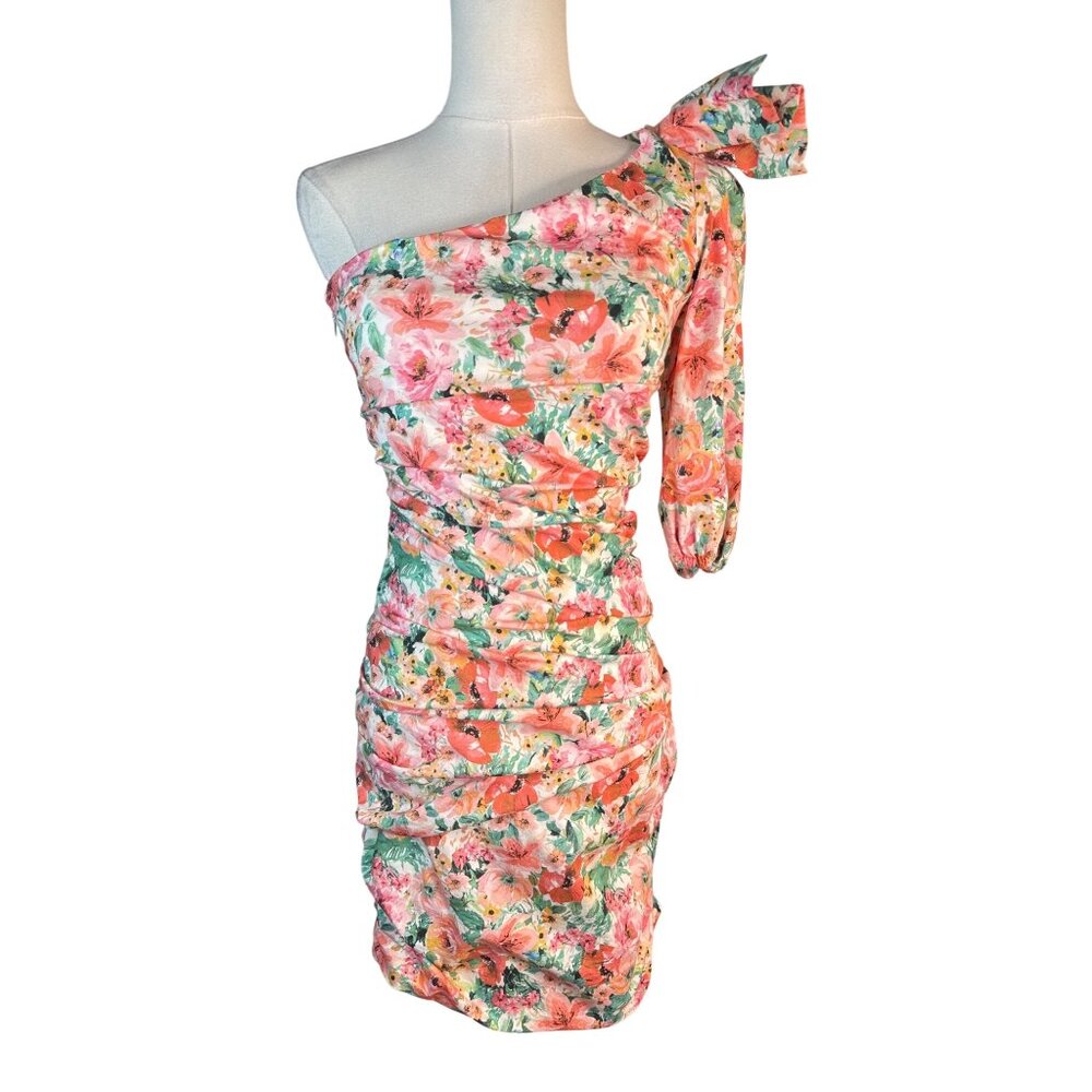 ZARA Floral One-Shoulder Ruched Mini Dress With Bow Detail - Picture 2 of 12